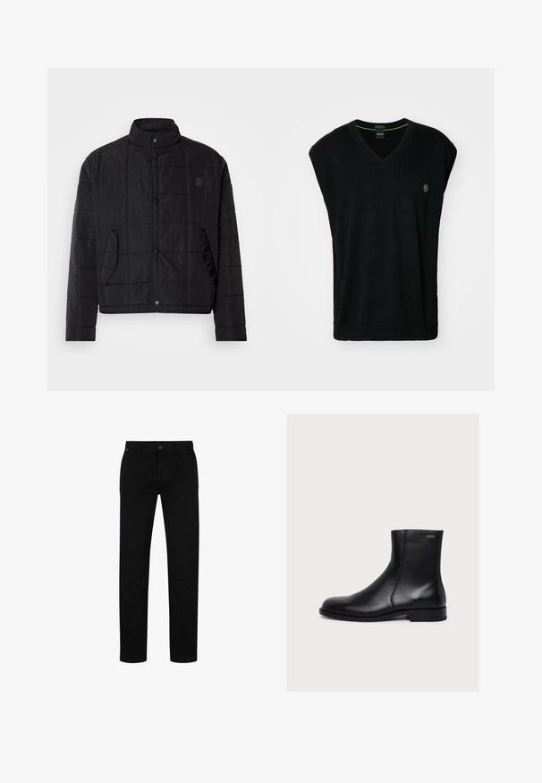 Sort quiltet jakke med ståkrave, featuring trykknapper og sidelommer, lavet af skinnende, letvægtigt materiale.; Sort ærmeløs sweater med V-hals, der har ribbet tekstur og et lille logo på brystet. Den indre halsudskæring har en grøn detalje.; Sorte bomuldsbukser med lige pasform, der har knaplukning, bæltestropper og minimalistisk design. Glat tekstur, ingen mønstre.; Sort glat læderankelstøvle med lav hæl og sidelukning med lynlås, mærket Hugo nær den øverste kant.