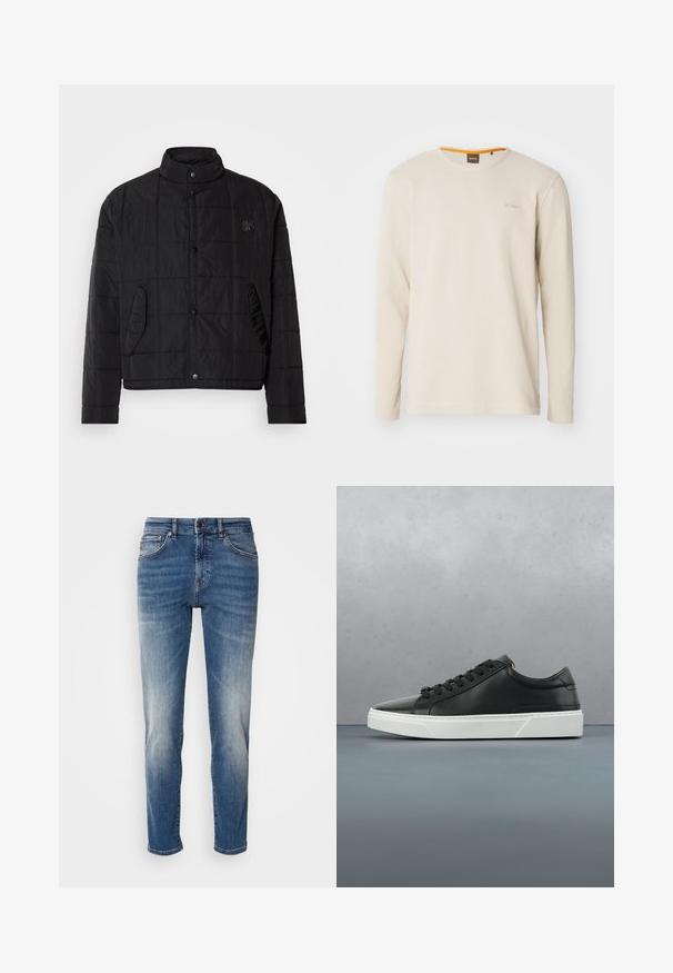 Sort quiltet jakke med ståkrave, featuring trykknapper og sidelommer, lavet af skinnende, letvægtigt materiale.; Lys beige langærmet t-shirt lavet af struktureret stof. Har en rund hals og et lille logo på brystet med en orange detalje indeni kraven.; Blå denimjeans med lige ben, let falmet finish, klassisk fem-lomme-design og lynlås med knaplukning.; Sorte lædersneakers med rund tå, tekstureret overflade, hvid gummisål og sorte snørebånd. Minimalistisk design med en slank profil.