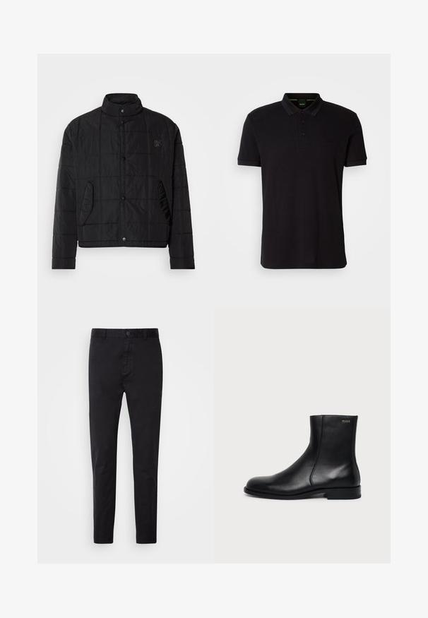 Veste matelassée noire avec un col montant, dotée de boutons-pression et de poches latérales, fabriquée en matériau léger et brillant.; Polo shirt noir en tissu doux, avec un col classique, une patte de boutonnage à trois boutons et un logo brodé sur la poitrine.; Chinos noirs avec une texture lisse, fermeture à bouton et design fuselé. Idéal pour une tenue décontractée ou semi-formelle.; Bottine en cuir noir à talon bas, couture latérale et petit logo "HUGO" sur le revers supérieur sur un fond uni.