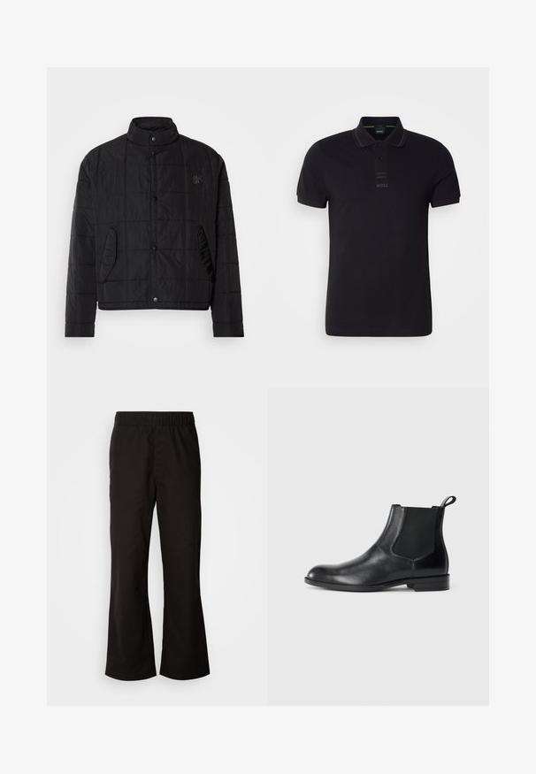 Sort quiltet jakke med ståkrave, featuring trykknapper og sidelommer, lavet af skinnende, letvægtigt materiale.; Sort poloshirt lavet af bomuld med krave, korte ærmer, diskret logo på brystet og glat tekstur.; Sorte bukser med elastisk talje og n tapered form, lavet af glat bomuldsstof. Har et enkelt design og lige benåbninger.; Sorte læder ankelstøvler med elastiske sidepaneler, rund tå og en trækloft. Glat tekstur, flad sål, minimalistisk design.