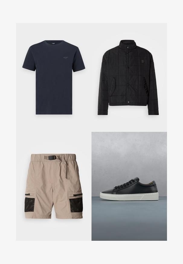 Sort quiltet jakke med ståkrave, featuring trykknapper og sidelommer, lavet af skinnende, letvægtigt materiale.; Marineblå bomuld t-shirt med rund hals, korte ærmer og et lille mærkelogo i grå på venstre bryst. Glat tekstur.; Beige cargo shorts i en tekstureret stof, med mesh-paneler i sort, elastisk talje og sidelommer med lynlåse.; Sort lædersneaker med en glat overflade, rund tå og sorte snørebånd. Har en tykk, hvid gummisål med subtile geometriske detaljer.