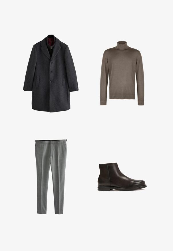 Mørkegrå uldfrakke med notch-krave, foran knappelukning og sidelommer, der har en glat tekstur og knappedetaljer ved ærmerne.; Brun turtleneck sweater lavet af glat stof, med en tætsiddende hals, lange ærmer og ribbede manchetter og kant.; Grå mønstrede bukser med en skræddersyet design, der har en flad front, bæltestropper og sidelommer. Glat tekstur med en formel finish.; Sort læder ankelstøvle med en glat tekstur, rund tå og lav hæl. Har en side lynlås for nem påtagning.