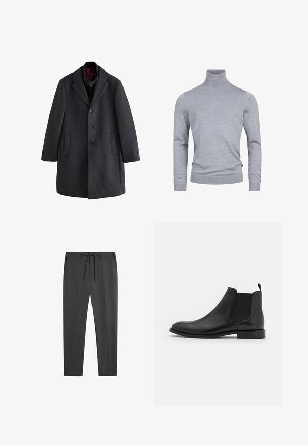 Mørkegrå uldfrakke med notch-krave, foran knappelukning og sidelommer, der har en glat tekstur og knappedetaljer ved ærmerne.; Grå turtleneck sweater lavet af et blødt strikket stof. Har lange ærmer og en tætsiddende design med ribbede manchetter og kant. Enkel, glat tekstur.; Mørkegrå bukser med lige ben, bæltestropper og et bundet stofbælte i taljen, vist på en hvid baggrund.; Sorte læder Chelsea støvle med elastiske sidepaneler, en rund tå og en lav hæl. Glat tekstur med et minimalistisk design.