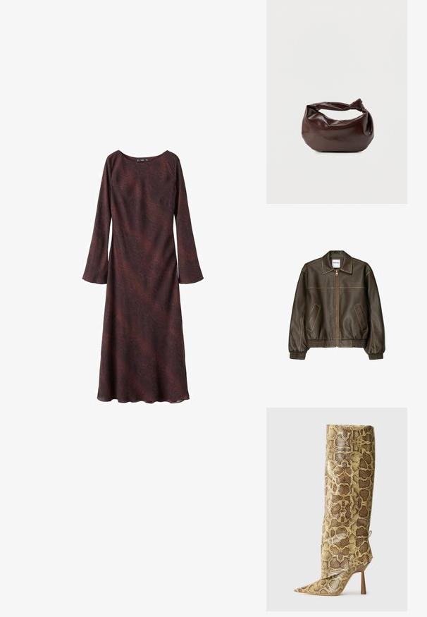 Veste bomber en cuir marron avec fermeture éclair à l'avant, col pointu, poignets et ourlet élastiqués, et poches latérales. Coutures contrastées visibles.; Robe à manches longues en bordeaux foncé avec un motif abstrait subtil. Tissu doux et léger avec une coupe décontractée et un décolleté arrondi.; Botte à talon pour femmes grande, avec un bout pointu et une texture en serpentin marron et beige, présentée en profil sur un fond léger uni.; Sac bandoulière en cuir marron foncé avec une forme souple et décontractée et une anse nouée torsadée sur un fond blanc uni.