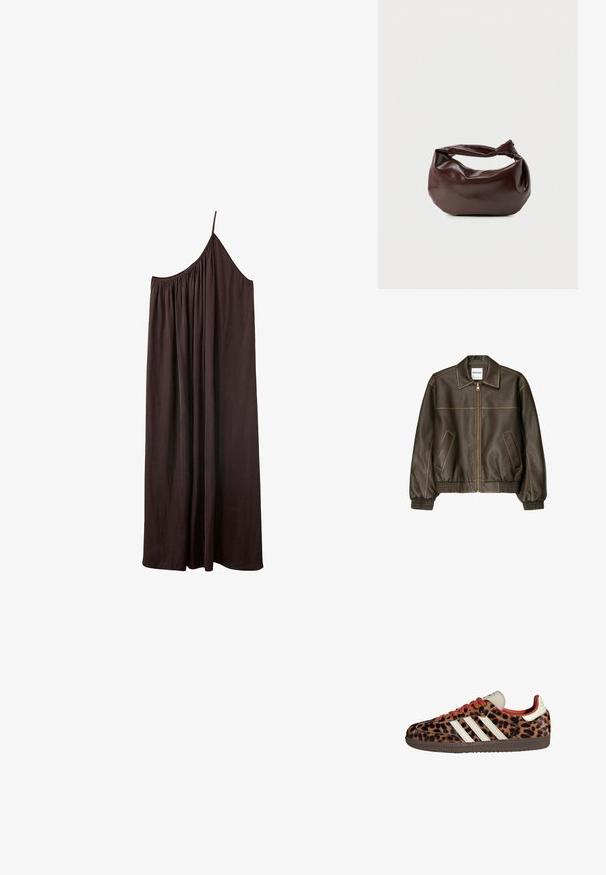 Veste bomber en cuir marron avec fermeture éclair à l'avant, col pointu, poignets et ourlet élastiqués, et poches latérales. Coutures contrastées visibles.; Robe longue asymétrique marron foncé avec une fine bretelle et un tissu froncé au niveau de l'encolure sur fond blanc.; Baskets en imprimé léopard avec un matériau en suède, lacets rouges et trois rayures blanches sur le côté. Présente une languette de couleur crème et une semelle marron.; Sac bandoulière en cuir marron foncé avec une forme souple et décontractée et une anse nouée torsadée sur un fond blanc uni.