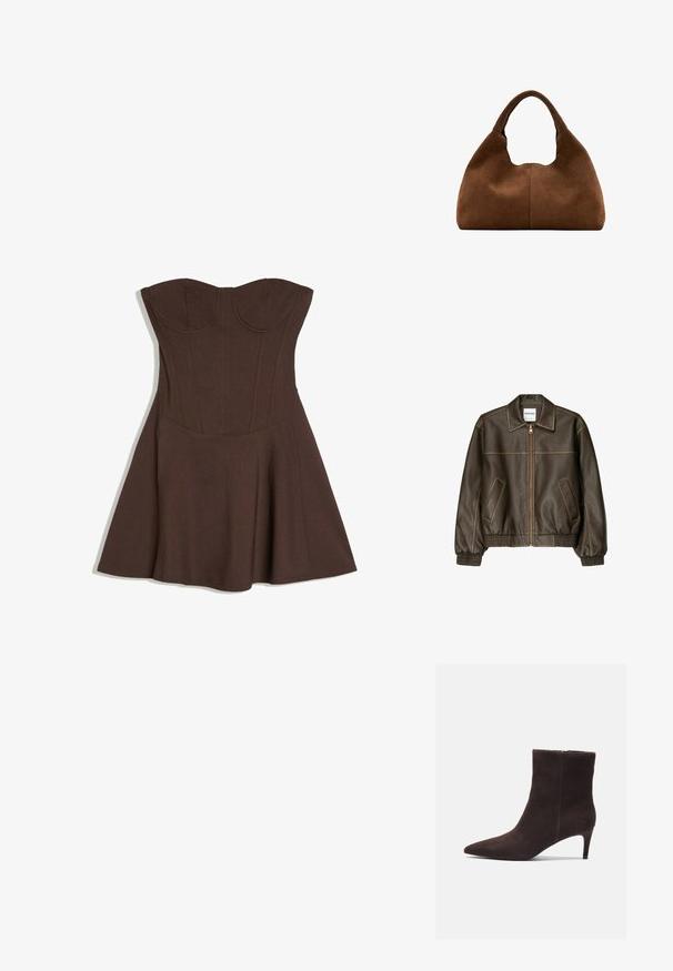 Braune Lederbomberjacke mit einem Reißverschluss vorne, spitzem Kragen, elastischen Bündchen und Saum sowie Seitentaschen. Sichtbare Kontrastnähte.; Braunes trägerloses Kleid mit strukturiertem Bustier und ausgestelltem Rock, aus glattem Stoff, flach auf weißem Hintergrund dargestellt.; Braune Wildleder-Ankelstiefel mit spitzem Zehenbereich und 7,5 cm Absatz, ausgestattet mit einer glatten Textur und minimalistischen Design. Reißverschluss auf der Rückseite.; Braune Wildleder-Hobo-Tasche mit einem breiten, abgerundeten Griff und einer weichen, lässigen Form vor weißem Hintergrund.