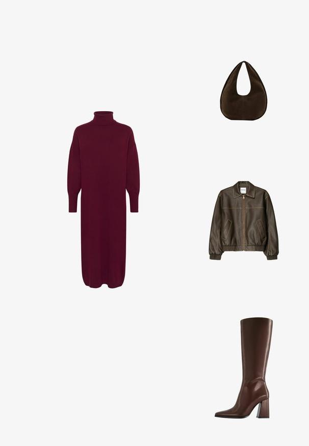 Veste bomber en cuir marron avec fermeture éclair à l'avant, col pointu, poignets et ourlet élastiqués, et poches latérales. Coutures contrastées visibles.; Robe tricotée bourgogne avec un col montant, des manches bouffantes longues et une coupe décontractée. L'ourlet tombe juste au-dessus des chevilles, présentant une texture lisse.; Botte en cuir marron montant jusqu'au genou, avec bout pointu et talon épais de hauteur moyenne, vue de profil sur fond blanc.; Sac à main en daim marron foncé en forme de croissant avec une seule sangle large et une texture lisse sur fond blanc.