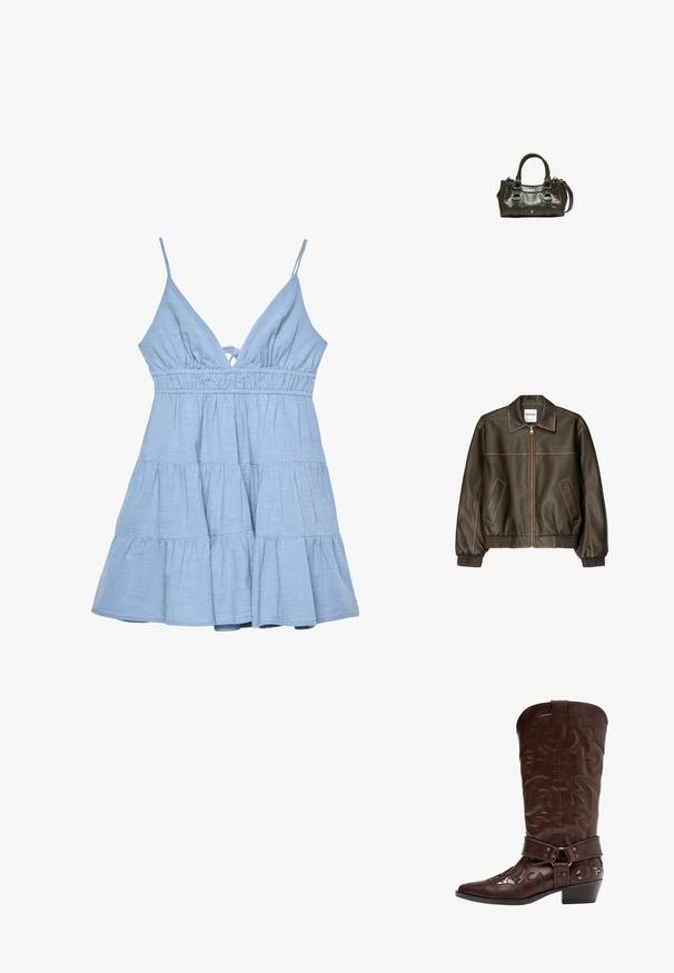 Veste bomber en cuir marron avec fermeture éclair à l'avant, col pointu, poignets et ourlet élastiqués, et poches latérales. Coutures contrastées visibles.; Robe sans manches bleu clair avec un décolleté en V, un corsage froncé et une jupe à volants. Fabriquée en tissu texturé avec des bretelles ajustables.; Botte de cow-boy en cuir marron avec coutures décoratives, sangle à boucles, et talon bas empilé, présentée en profil latéral sur fond blanc.; Sac à main en cuir vert foncé avec double poignées, détails de boucle à l'avant et bandoulière amovible.