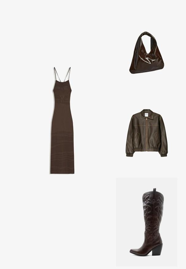Veste bomber en cuir marron avec fermeture éclair à l'avant, col pointu, poignets et ourlet élastiqués, et poches latérales. Coutures contrastées visibles.; Robe longue marron foncé sans manches avec fines bretelles doubles et motifs texturés subtils sur tout le tissu, sur fond blanc.; Botte de cowboy haute en cuir marron foncé avec motifs décoratifs cousus, bout pointu et talon bloc empilé.; Sac à main en cuir marron foncé brillant de forme triangulaire avec une poignée courte et large, présenté sur fond blanc.