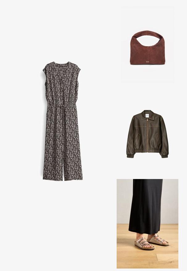 Braune Lederbomberjacke mit einem Reißverschluss vorne, spitzem Kragen, elastischen Bündchen und Saum sowie Seitentaschen. Sichtbare Kontrastnähte.; Schwarzer und cremefarbener gemusterter Jumpsuit mit kurzen Ärmeln, V-Ausschnitt und elastischem Bund. Der Stoff wirkt leicht und hat ein fließendes Design.; Helle graue Sandalen mit drei verstellbaren Schnallen, Kork-Fußbett und Gummisohle, kombiniert mit einem schwarzen, bodenlangen Kleid. Natürlicher Holzboden.; Braune Wildleder-Handtasche mit abgerundetem Griff, weicher Textur, vertikaler Naht und goldenem "RAID" Logo vorne in der Mitte.