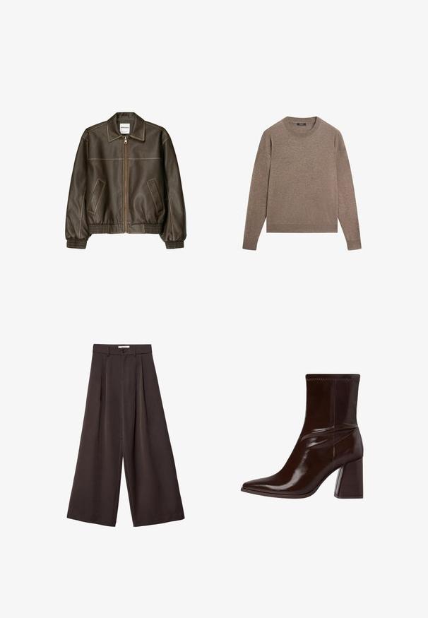 Veste bomber en cuir marron avec fermeture éclair à l'avant, col pointu, poignets et ourlet élastiqués, et poches latérales. Coutures contrastées visibles.; Pull à manches longues col rond en maille marron clair avec bords-côtes aux poignets et à l'ourlet, présenté sur un fond blanc uni.; Pantalon à jambes larges en tissu brun foncé, avec des plis, une fermeture par bouton, et une texture lisse ; longueur cheville avec une coupe ajustée.; Bottine en cuir verni marron avec un bout pointu, une cheville élastique et un talon bloc épais. Design élégant avec une texture lisse.