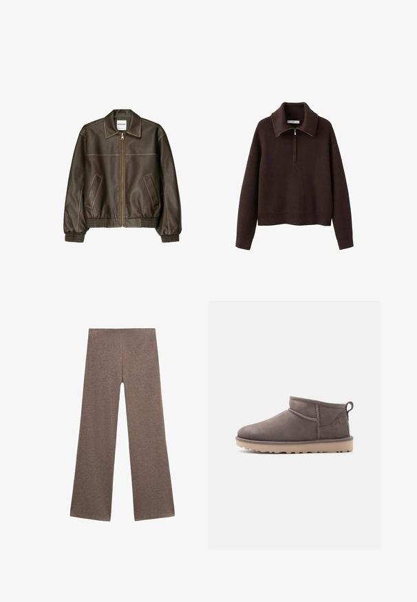 Veste bomber en cuir marron avec fermeture éclair à l'avant, col pointu, poignets et ourlet élastiqués, et poches latérales. Coutures contrastées visibles.; Pull-over marron côtelé avec col montant et fermeture à demi-zip. Présente une coupe décontractée et une texture douce.; Pantalons larges marron en tissu doux et texturé. Le design présente une taille haute et une coupe ample, idéale pour un look décontracté.; Chaussure basse en daim marron, modèle slip-on, avec semelle texturée et languette d'aide au chaussage, sur un fond uni.