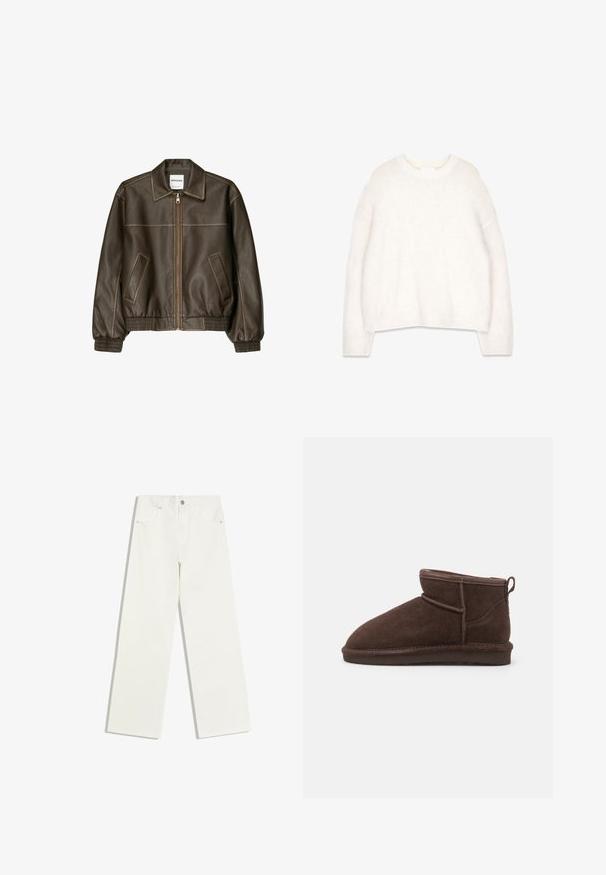 Veste bomber en cuir marron avec fermeture éclair à l'avant, col pointu, poignets et ourlet élastiqués, et poches latérales. Coutures contrastées visibles.; Pull blanc en laine moelleuse avec un col rond, des manches longues et une coupe décontractée. Fabriqué à partir d'un tissu doux et texturé, il présente des poignets et un ourlet côtelés.; Jean blanc taille haute, jambes droites, avec poches avant et fermeture à bouton sur fond blanc.; Bianco BIASNOW - Boots à talons - dark brown