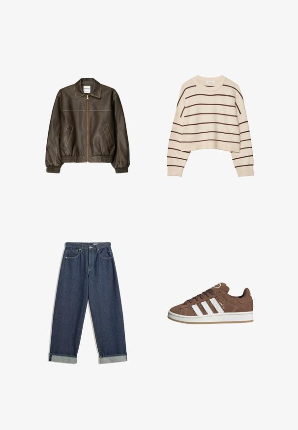 Brun læder bomberjakke med lynlåsfortil, spids krave, elastiske cuffe og kant, samt sidelommer. Kontrastsyninger synlige.; Creme sweater med brune vandrette striber, med rund halsudskæring, cropped nederste kant og ribbede manchetter. Blødt strikket materiale.; Mørkeblå, vide denimbukser med foldede manchetter, frontknap og lynlås, bæltestropper og fem lommer.; Brune ruskinds sneakers med hvide læderstriber, gummisål, rund tå og snørebåndsfront. Har et logo på tungen og perforerede detaljer.
