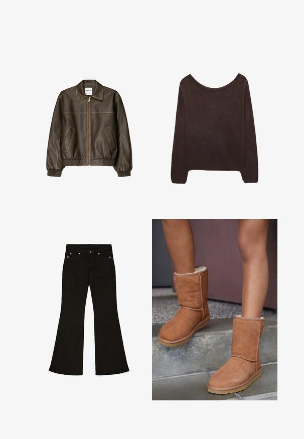 Brun læder bomberjakke med lynlåsfortil, spids krave, elastiske cuffe og kant, samt sidelommer. Kontrastsyninger synlige.; Brun strikket sweater med off-shoulder halsudskæring, lange ærmer og ribbede manchetter. Blød tekstur med en glat overflade.; Sorte flared jeans lavet af bomuld. Har en knap- og lynlåslukning, fem lommer og hardware i sølvfarve. Glat tekstur.; Brune ruskind ankelstøvler med rund tå, blødt foer og gummisål, der har synlige stikninger langs sømmene.