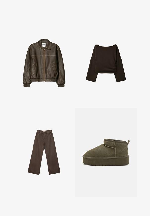 Braune Lederbomberjacke mit einem Reißverschluss vorne, spitzem Kragen, elastischen Bündchen und Saum sowie Seitentaschen. Sichtbare Kontrastnähte.; Schwarzes, kurz geschnittenes Top mit langen, weiten Ärmeln und leicht gerafftem Detail an einer Seite, vor weißem Hintergrund.; Weite braune Jeanshose mit klassischem Fünf-Taschen-Design, Knopfverschluss und glatter Textur.; Olivgrüne Wildleder-Ankle-Boots mit runder Zehenform, genähten Details und einer dicken Sohle mit strukturiertem Muster. Kleiner Ziehstrippe hinten.