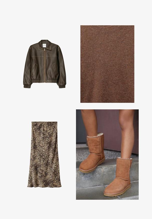 Veste bomber en cuir marron avec fermeture éclair à l'avant, col pointu, poignets et ourlet élastiqués, et poches latérales. Coutures contrastées visibles.; Pull marron en laine tricotée avec encolure ras du cou côtelée et tissu à texture douce.; Jupe midi à imprimé léopard en tissu doux, présentant un mélange de tons marron et beige. Design simple avec une silhouette fluide.; Bottines en suede marron, à bout rond, avec une doublure douce et une semelle en caoutchouc, présentant des détails de couture visibles le long des coutures.