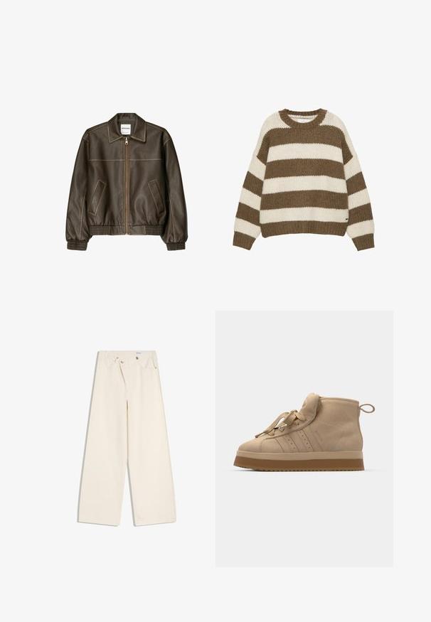 Braune Lederbomberjacke mit einem Reißverschluss vorne, spitzem Kragen, elastischen Bündchen und Saum sowie Seitentaschen. Sichtbare Kontrastnähte.; Braun-creme gestreifter Strickpullover mit Rundhalsausschnitt, oversized Passform sowie gerippten Bündchen und Saum. Weicher, strukturierter Stoff.; Off-White weite Hosen mit Vordertaschen, Gürtelschlaufen und silbernen Knöpfen an Bund und Taschenrändern.; Beige Wildleder-Hochtop-Sneaker mit einer dicken Gummisohle, ausgestattet mit einer umklappbaren Zunge, runder Spitze und dekorativen Schnürsenkeln.