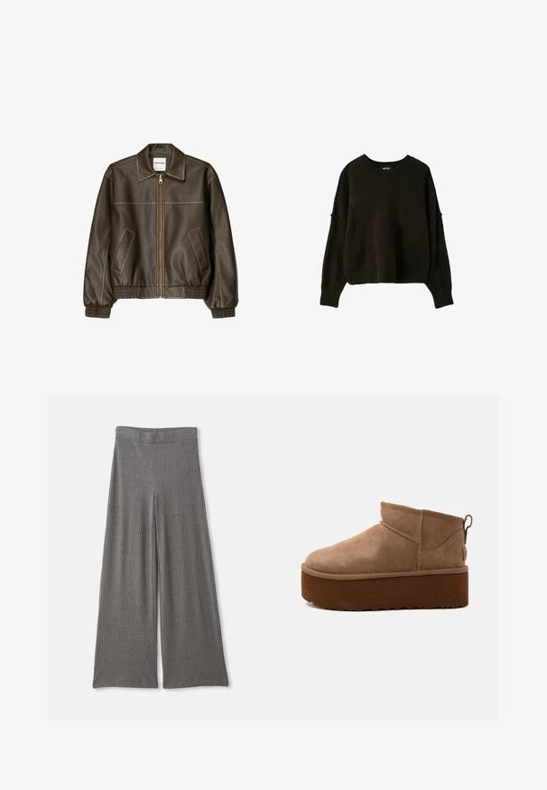 Veste bomber en cuir marron avec fermeture éclair à l'avant, col pointu, poignets et ourlet élastiqués, et poches latérales. Coutures contrastées visibles.; Pull noir en maille à manches longues avec encolure ronde et poignets et ourlet côtelés, présenté sur fond blanc uni.; Pantalons larges gris à côtes avec une taille haute élastique. Le tissu semble doux et texturé, offrant une coupe décontractée sur toute la longueur.; Bottine marron en daim de hauteur moyenne, style slip-on, avec une semelle épaisse compensée et un onglet à l’arrière sur fond clair.