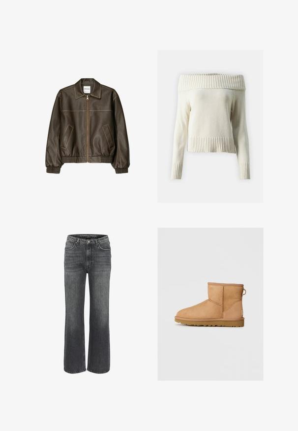 Braune Lederbomberjacke mit einem Reißverschluss vorne, spitzem Kragen, elastischen Bündchen und Saum sowie Seitentaschen. Sichtbare Kontrastnähte.; Noisy May NMLIMA OFF SHOULDER - Strickpullover - oatmeal; Weite Jeans aus dunkelgrauem Denim mit klassischem Fünf-Taschen-Design, genähten Details und einem Knopfverschluss an der Taille.; Hellbraune Wildleder-Stiefeletten mit runder Zehenpartie, genähten Details, Ziehschlaufe an der Rückseite und einer strukturierten Gummisohle. Entwickelt für Komfort und Wärme.