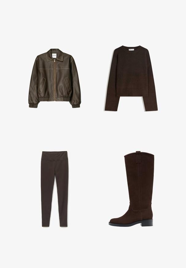 Braune Lederbomberjacke mit einem Reißverschluss vorne, spitzem Kragen, elastischen Bündchen und Saum sowie Seitentaschen. Sichtbare Kontrastnähte.; Brauner Strickpullover mit rundem Ausschnitt, heruntergesetzten Schultern und gerippten Bündchen an Ärmeln und Saum. Weiche Textur, kurzes Design. Keine sichtbaren Muster oder Verzierungen.; Braune, enganliegende Leggings aus dehnbarem Stoff mit einem breiten Bund. Glatte Textur, keine Muster oder sichtbaren Hardwaredetails.; Hoher dunkelbrauner Stiefel aus Wildleder mit niedrigem gestapeltem Absatz und rundspitziger Zehenpartie, ausgestattet mit einer Zugschlaufe oben am Schaft.