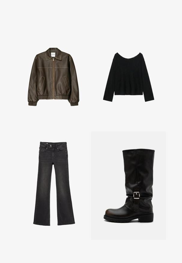 Veste bomber en cuir marron avec fermeture éclair à l'avant, col pointu, poignets et ourlet élastiqués, et poches latérales. Coutures contrastées visibles.; Pull noir à manches longues avec un col large légèrement baissé et un ourlet droit.; Jean noir taille haute évasé avec fermeture double bouton et poches avant, montrant un subtil effet délavé sur les cuisses.; Botte haute en cuir noir avec bout arrondi, talon bas, bride à boucle latérale et tige légèrement relâchée sur fond blanc.