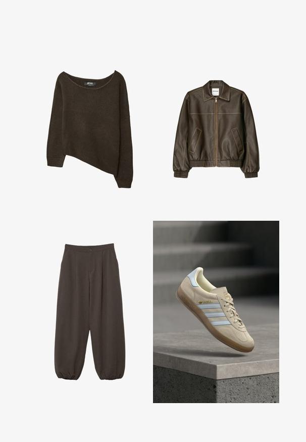 Brun læder bomberjakke med lynlåsfortil, spids krave, elastiske cuffe og kant, samt sidelommer. Kontrastsyninger synlige.; Brun, løst strikket sweater med en asymmetrisk kant og bred halsudskæring. Blød tekstur med ribbede manchetter og et mærke på den indvendige halsudskæring.; Mørkebrune løstsiddende bukser med knaplukning, læg foran og elastiske manchetter ved anklerne.; Beige ruskindssneaker med lyseblå striber, med en gum-sål, gyldent "Gazelle"-logo og klassisk snøredesign på en grå overflade.