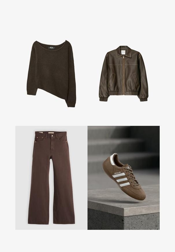 Brun læder bomberjakke med lynlåsfortil, spids krave, elastiske cuffe og kant, samt sidelommer. Kontrastsyninger synlige.; Brun, løst strikket sweater med en asymmetrisk kant og bred halsudskæring. Blød tekstur med ribbede manchetter og et mærke på den indvendige halsudskæring.; Brune vidde bukser med høj talje, fem lommer og knaplukning, lagt fladt på en lys baggrund.; Brun ruskind Adidas Spezial sneaker med hvide striber og snørebånd, svævende over en grå betonkantring mod en sløret baggrund af trapper.