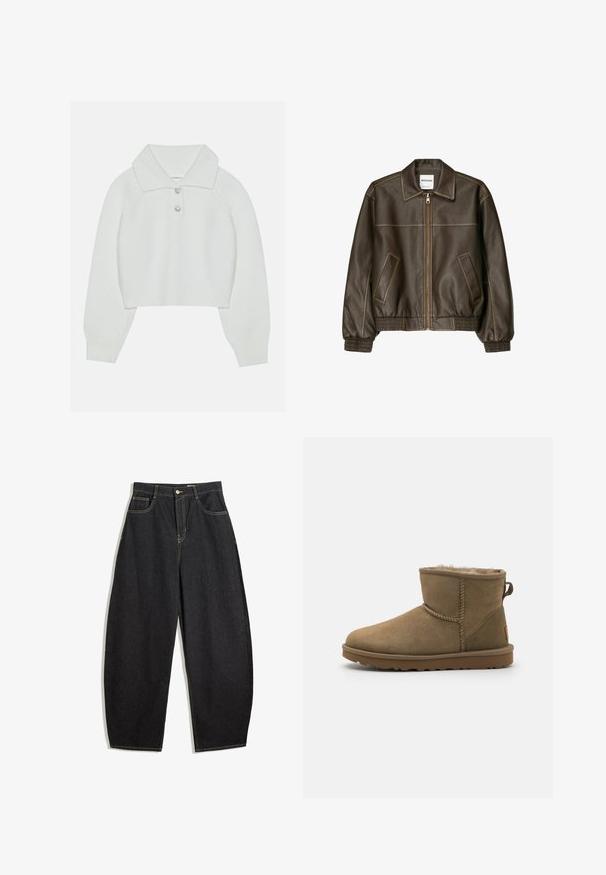 Bruine leren bomberjack met een ritssluiting aan de voorkant, puntige kraag, elastische manchetten en zoom, en zijzakken. Contrasterende stiksels zijn zichtbaar.; Witte cropped sweater met een geribbelde textuur, grote kraag en drie decoratieve knopen bij de halslijn. Lange mouwen met geribbelde boorden.; Zwarte denim wijde pijpenbroek met een hoge taille, voorzien van gele stiksels, twee voorkruiken en een enkele knoopsluiting.; Bruine suède enkelboot met een zachte, pluizige voering, ronde neus en een lusaccent aan de achterkant. Vlakke rubberen zool met een gestructureerde grip.
