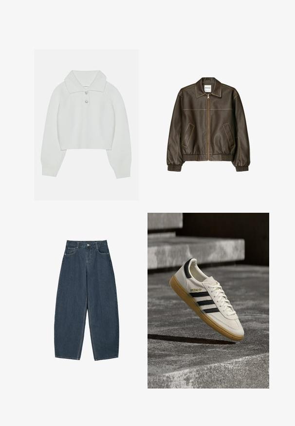 Brun læder bomberjakke med lynlåsfortil, spids krave, elastiske cuffe og kant, samt sidelommer. Kontrastsyninger synlige.; Hvid cropped sweater med ribbet tekstur, stor krave og tre dekorative knapper ved halsudskæringen. Lange ærmer med ribbede manchetter.; Mørkeblå denim buede bukser med høj talje, som har fem lommer og synlige stingdetaljer. Ren, minimalistik design.; Hvid Adidas Spezial sneaker med sorte striber og gummisål, svævende over grå stentrin udendørs.