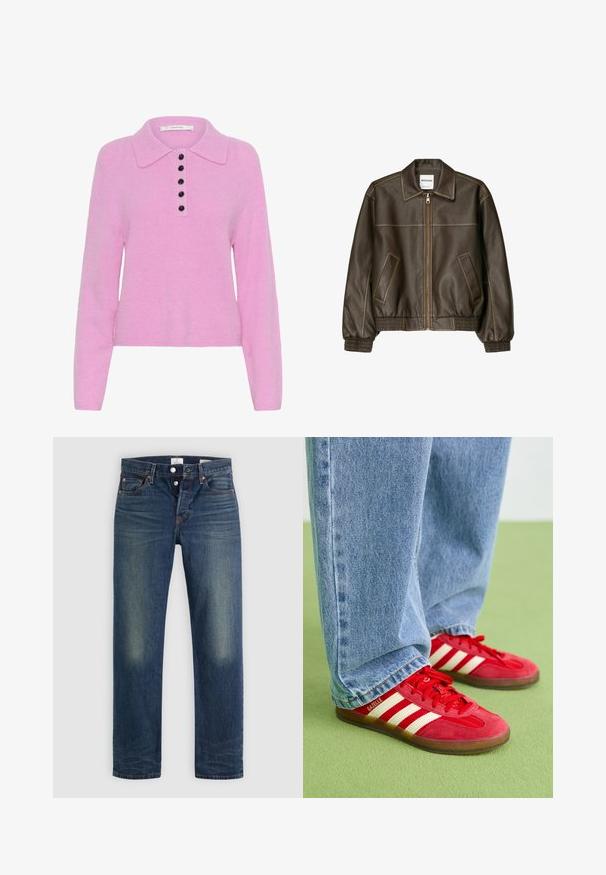 Veste bomber en cuir marron avec fermeture éclair à l'avant, col pointu, poignets et ourlet élastiqués, et poches latérales. Coutures contrastées visibles.; Pull en tricot rose avec col, doté d'une patte de boutonnage avec six boutons noirs, à manches longues et à la texture douce.; Jean en denim bleu avec un design classique à jambe droite, fermeture à bouton, et légère décoloration au niveau des cuisses. Pas d'ornements visibles.; Baskets en daim rouge avec trois rayures blanches, bout rond et semelle texturée, associées à un jean en denim bleu clair sur un fond vert.