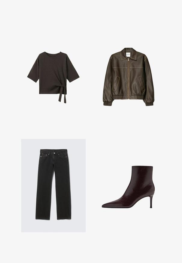 Veste bomber en cuir marron avec fermeture éclair à l'avant, col pointu, poignets et ourlet élastiqués, et poches latérales. Coutures contrastées visibles.; Chemise noire à manches courtes avec un col rond et un détail noué sur le côté en bas de l'ourlet droit.; Jean en denim noir à coupe droite avec cinq poches, fermeture à boutons et passants pour ceinture, présenté à plat sur un fond clair.; Bottine en cuir bordeaux avec un bout pointu, un design épuré et un haut talon aiguille. Texture lisse avec un discret grain.