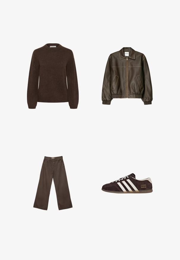 Veste bomber en cuir marron avec fermeture éclair à l'avant, col pointu, poignets et ourlet élastiqués, et poches latérales. Coutures contrastées visibles.; Pull en tricot marron avec col rond, manches longues et texture douce, présentant un design simple sans motifs ni embellissements.; Pantalons en denim marron à coupe large avec un design classique à cinq poches, dotés d'une fermeture à bouton et d'une texture lisse.; Baskets en suède marron avec trois bandes blanches, semelle en caoutchouc, et étiquette avec le texte "Gazelle" en or. Fermeture à lacets avec lacets gris.