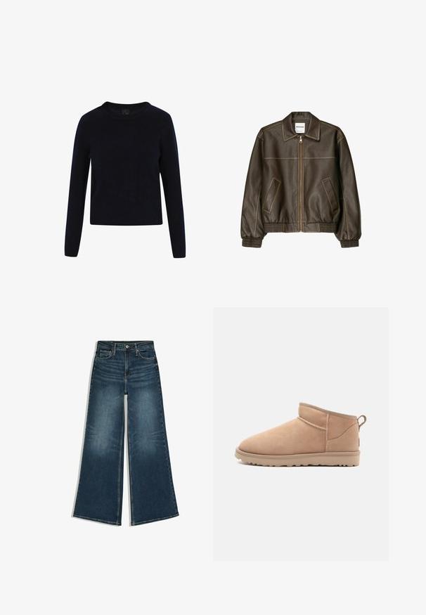 Veste bomber en cuir marron avec fermeture éclair à l'avant, col pointu, poignets et ourlet élastiqués, et poches latérales. Coutures contrastées visibles.; Pull en laine bleu marine, col rond, manches longues, poignets et ourlet côtelés, texture douce, design ajusté sans motifs ni embellissements visibles.; Jean en denim bleu à jambes larges avec bouton sur le devant et poches, posé à plat sur fond blanc.; Botte de cheville en daim beige avec un bout arrondi, une texture douce, un design simple et une semelle en caoutchouc à profil bas. Dispose d'une languette à l'arrière.