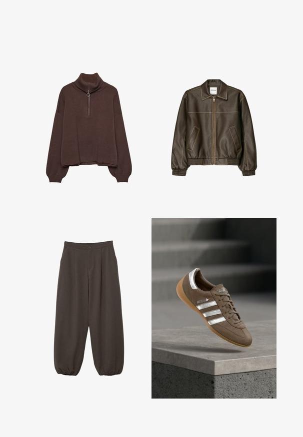 Hnedá kožená bomber bunda so zipsovým zapínaním vpredu, špicatej golierom, elastickými manžetami a spodným okrajom, a bočnými vreckami. Viditeľné kontrastné šitie.; Hnedý pulóver s vysokým rebrovaným golierom, zipsom, voľným strihom a spadnutými ramenami. Vyrobený z mäkkého pleteného materiálu.; Tmavohnedé voľné nohavice s zapínaním na gombíky, záhybmi vpredu a elastickými lemami na členkoch.; Hnedá semišová teniska s bielymi pruhmi a striebornými akcentmi, s textúrovaným zvrškom, šnurovaním a podrážkou z gumy