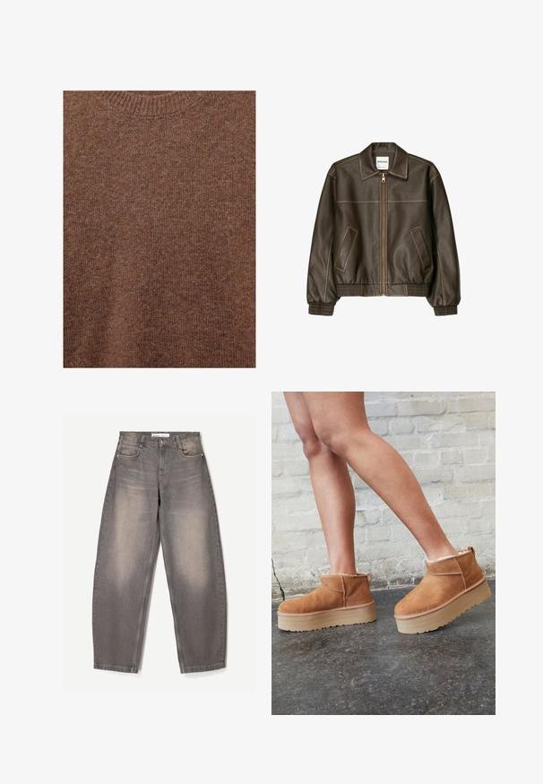 Veste bomber en cuir marron avec fermeture éclair à l'avant, col pointu, poignets et ourlet élastiqués, et poches latérales. Coutures contrastées visibles.; Pull marron en laine tricotée avec encolure ras du cou côtelée et tissu à texture douce.; Jeans gris ample en denim, avec un léger délavage, un design à cinq poches, des passants de ceinture et une fermeture à bouton à la taille.; Bottines en suède marron avec une doublure en peluche, semelle épaisse en beige et une poignée à l'arrière. Surface texturée avec des détails de couture visibles.