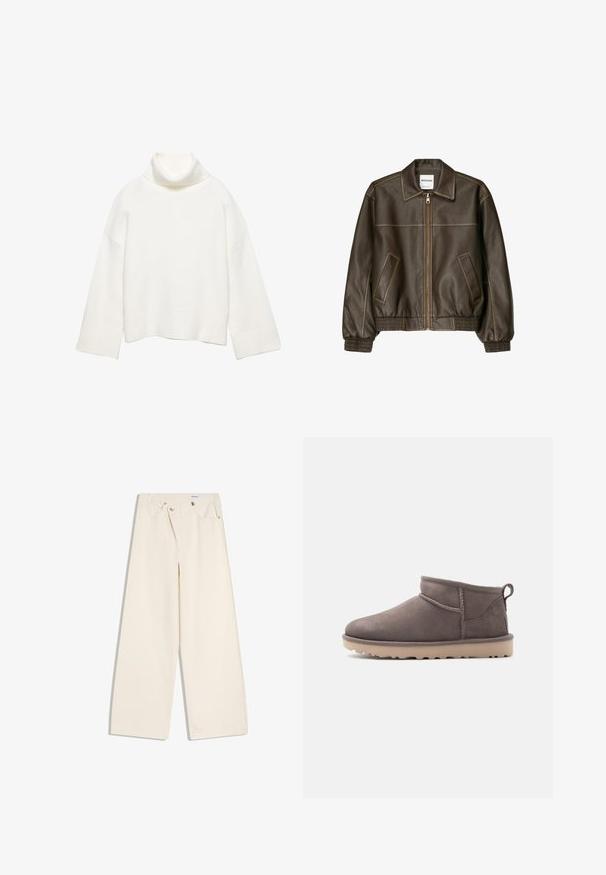 Veste bomber en cuir marron avec fermeture éclair à l'avant, col pointu, poignets et ourlet élastiqués, et poches latérales. Coutures contrastées visibles.; Pull à col roulé blanc en tissu doux, présentant une coupe décontractée, des épaules tombantes et des poignets et un ourlet larges côtelés.; Pantalon large couleur écru avec poches avant, passants pour ceinture, et boutons argentés sur la ceinture et les bords des poches.; Chaussure basse en daim marron, modèle slip-on, avec semelle texturée et languette d'aide au chaussage, sur un fond uni.