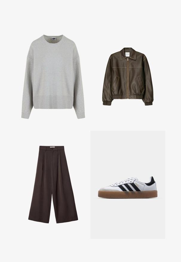 Veste bomber en cuir marron avec fermeture éclair à l'avant, col pointu, poignets et ourlet élastiqués, et poches latérales. Coutures contrastées visibles.; Pull en maille gris clair avec un col rond, des épaules tombantes et un ourlet côtelé. Texture douce et coupe décontractée.; Pantalon à jambes larges en tissu brun foncé, avec des plis, une fermeture par bouton, et une texture lisse ; longueur cheville avec une coupe ajustée.; Baskets en cuir blanc avec des rayures noires, semelle extérieure en caoutchouc beige, bout rond, fermeture lacée et embout en suède gris doux.