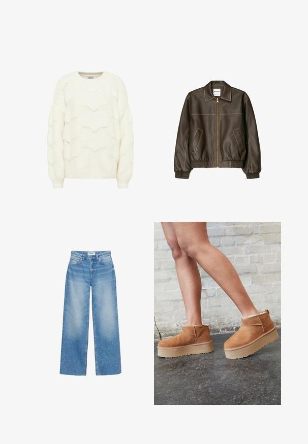 Veste bomber en cuir marron avec fermeture éclair à l'avant, col pointu, poignets et ourlet élastiqués, et poches latérales. Coutures contrastées visibles.; Pull en tricot couleur crème avec un motif de vagues texturé. Il présente un col rond et des manches longues avec des poignets côtelés.; Jean bleu à coupe large avec poches avant, passants de ceinture et fermeture à boutons, présenté sur fond blanc.; Bottines en suède marron avec une doublure en peluche, semelle épaisse en beige et une poignée à l'arrière. Surface texturée avec des détails de couture visibles.