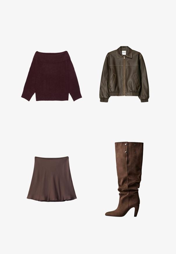 Veste bomber en cuir marron avec fermeture éclair à l'avant, col pointu, poignets et ourlet élastiqués, et poches latérales. Coutures contrastées visibles.; Pull à manches longues, épaules dénudées, en maille bordeaux foncé avec col, poignets et ourlet côtelés.; Jupe marron en forme trapèze avec tissu lisse et taille ajustée, s'évasant doucement vers l'ourlet sur fond blanc.; Bottine en suede marron, montant jusqu'au genou, avec un bout pointu et un talon fin. Présente deux boutons-pression argentés et un design de haut froncé.