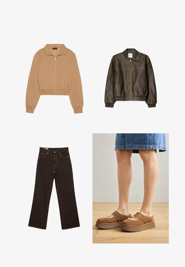 Veste bomber en cuir marron avec fermeture éclair à l'avant, col pointu, poignets et ourlet élastiqués, et poches latérales. Coutures contrastées visibles.; Even&Odd by Zalando Sweatshirt - tan; Jean marron foncé à jambes larges avec boutons à l'avant, fermeture éclair et surpiqûres blanches contrastantes. Comprend des poches avant et une poche monnaie avec rivets en cuivre.; Chaussures à plataforma en suède marron avec un bout arrondi, des découpes, et une semelle robuste, accompagnées d'une jupe en denim dans un cadre au sol en bois.