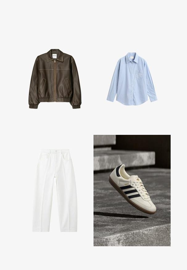 Veste bomber en cuir marron avec fermeture éclair à l'avant, col pointu, poignets et ourlet élastiqués, et poches latérales. Coutures contrastées visibles.; Chemise à manches longues à rayures verticales bleu clair et blanches, avec boutons et une poche poitrine arborant un petit emblème blanc.; Jean blanc à taille haute, coupe droite, avec poches avant, passants pour ceinture et fermeture par bouton.; Baskets blanches Adidas Samba avec des bandes noires et une semelle en gomme, flottant au-dessus de marches en béton gris texturé.