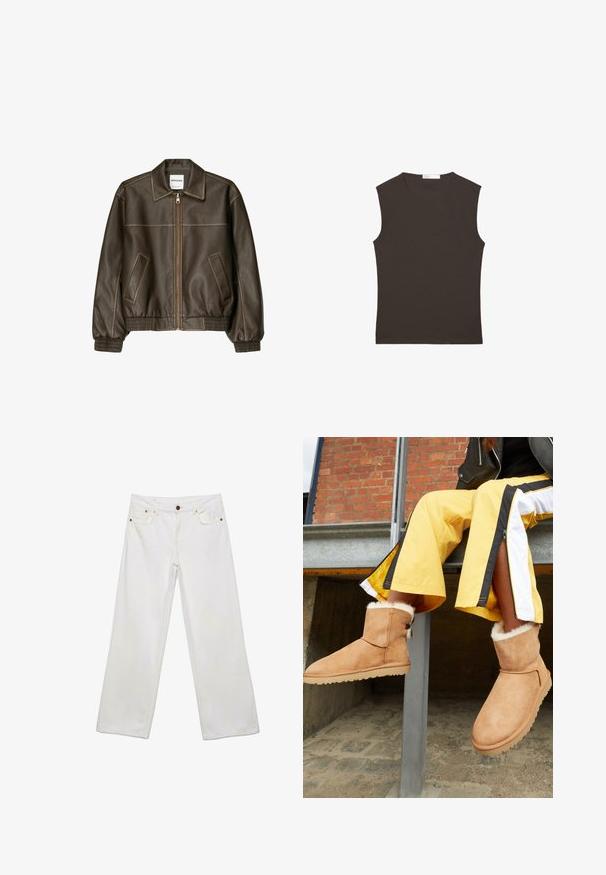 Veste bomber en cuir marron avec fermeture éclair à l'avant, col pointu, poignets et ourlet élastiqués, et poches latérales. Coutures contrastées visibles.; Débardeur sans manches brun foncé à col rond avec ourlet droit, présenté à plat sur un fond blanc.; Jean en denim blanc avec jambes larges et droites, fermeture avant par bouton et fermeture éclair, et design à cinq poches.; Bottines en suede marron clair avec doublure intérieure duveteuse et semelles en caoutchouc plates, exposées à côté d'un pantalon de sport jaune avec des rayures noires et blanches.