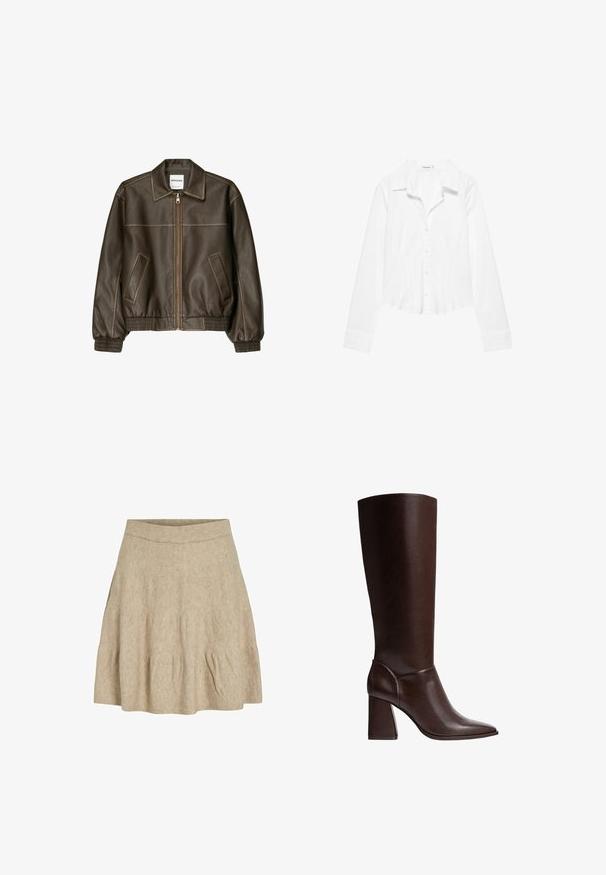 Veste bomber en cuir marron avec fermeture éclair à l'avant, col pointu, poignets et ourlet élastiqués, et poches latérales. Coutures contrastées visibles.; Chemise blanche à manches longues avec col, taille légèrement cintrée et poignets boutonnés, présentée sur fond blanc.; Une jupe courte beige en tissu doux et texturé, avec une taille côtelée et de légères plis près de l'ourlet.; Botte en cuir marron, montant jusqu'au genou, avec un bout pointu et un talon bloc, présentant une texture lisse et un design élégant. Broderies accentuées au niveau de la cheville.