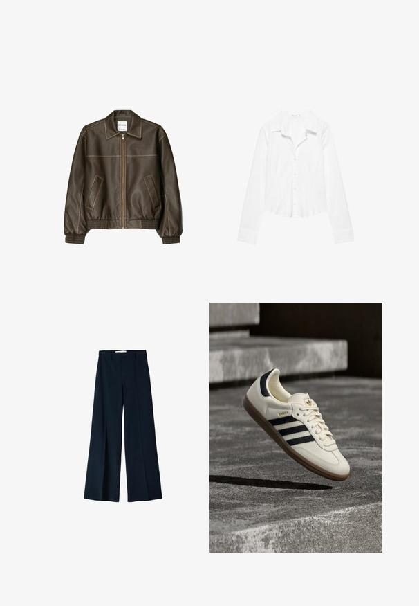 Veste bomber en cuir marron avec fermeture éclair à l'avant, col pointu, poignets et ourlet élastiqués, et poches latérales. Coutures contrastées visibles.; Chemise blanche à manches longues avec col, taille légèrement cintrée et poignets boutonnés, présentée sur fond blanc.; Pantalons larges navy en tissu lisse, dotés de deux plis avant et d'une fermeture à un bouton à la taille.; Baskets blanches Adidas Samba avec des bandes noires et une semelle en gomme, flottant au-dessus de marches en béton gris texturé.