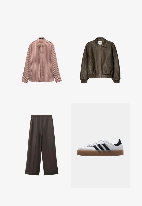 Veste bomber en cuir marron avec fermeture éclair à l'avant, col pointu, poignets et ourlet élastiqués, et poches latérales. Coutures contrastées visibles.; Chemise à manches longues avec un motif de rayures verticales rouges et blanches, fabriquée en tissu léger, dotée d'un col classique et de poignets.; Pantalon large marron foncé avec poches latérales et fermeture avant dissimulée, présenté sur fond blanc.; Baskets en cuir blanc avec des rayures noires, semelle extérieure en caoutchouc beige, bout rond, fermeture lacée et embout en suède gris doux.