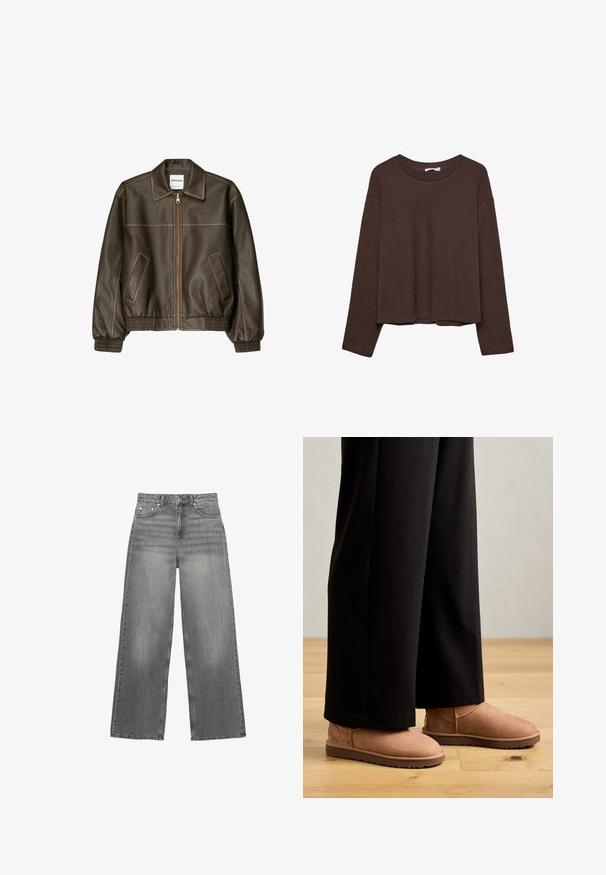 Brun læder bomberjakke med lynlåsfortil, spids krave, elastiske cuffe og kant, samt sidelommer. Kontrastsyninger synlige.; Brun sweater med en afslappet pasform, ribbet rullekrave og lange ærmer. Glat tekstur med en rund kant og ingen synlige mønstre eller accenter.; Grå brede jeans lavet af denim, med en mellemhøj talje, fem lommer og subtil falmning på benene.; Brune ruskinds ankelstøvler med flad gummisål, rund tå og minimal syning, båret med sorte brede bukser på et trægulv.