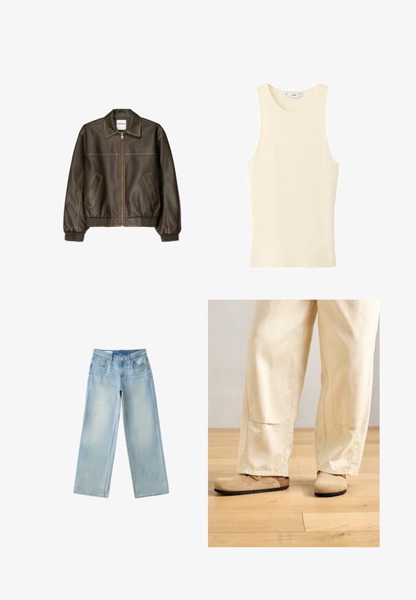 Veste marron en simili cuir avec fermeture éclair devant, deux poches inclinées, poignets et taille côtelés, présentée sur fond blanc.; Débardeur côtelé de couleur crème, sans manches, avec un col rond et une petite étiquette de marque à l'intérieur du col au dos.; Jean en denim bleu clair à jambes larges avec bouton devant, fermeture éclair et design à cinq poches, présenté sur un fond blanc.; Pantalons larges beiges portés avec des sabots en suède tan de style Birkenstock sur un sol en bois clair.