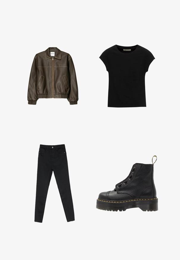 Braune Lederbomberjacke mit einem Reißverschluss vorne, spitzem Kragen, elastischen Bündchen und Saum sowie Seitentaschen. Sichtbare Kontrastnähte.; Schwarzes T-Shirt mit kurzen Ärmeln und rundem Ausschnitt. Hergestellt aus glattem, elastischem Baumwollstoff. Einfaches Design ohne Muster oder Grafiken.; Schwarze enge Jeans aus Denim mit hoher Taille, Fünf-Taschen-Design und rohem Saum an den Knöcheln. Klassischer Knopf- und Reißverschluss.; Schwarze Leder-Ankle-Boots mit strukturierten Oberflächen, runder Zehenpartie, Schnürdesign, gelben Nähten und einer dicken, gerippten schwarzen Plateausohle.