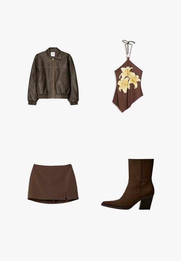 Veste bomber en cuir marron avec fermeture éclair à l'avant, col pointu, poignets et ourlet élastiqués, et poches latérales. Coutures contrastées visibles.; Top dos nu marron avec trois grandes lys jaune pâle imprimés sur le devant et un cordon à nouer avec des perles au niveau du cou.; Mini-jupe marron en tissu lisse, avec une fente frontale, des lignes épurées et une coupe structurée. Sans poches ni détails métalliques apparents.; Bottine en suède marron avec un orteil pointu et un talon épais, présentant un design minimaliste et une texture lisse sur fond blanc.